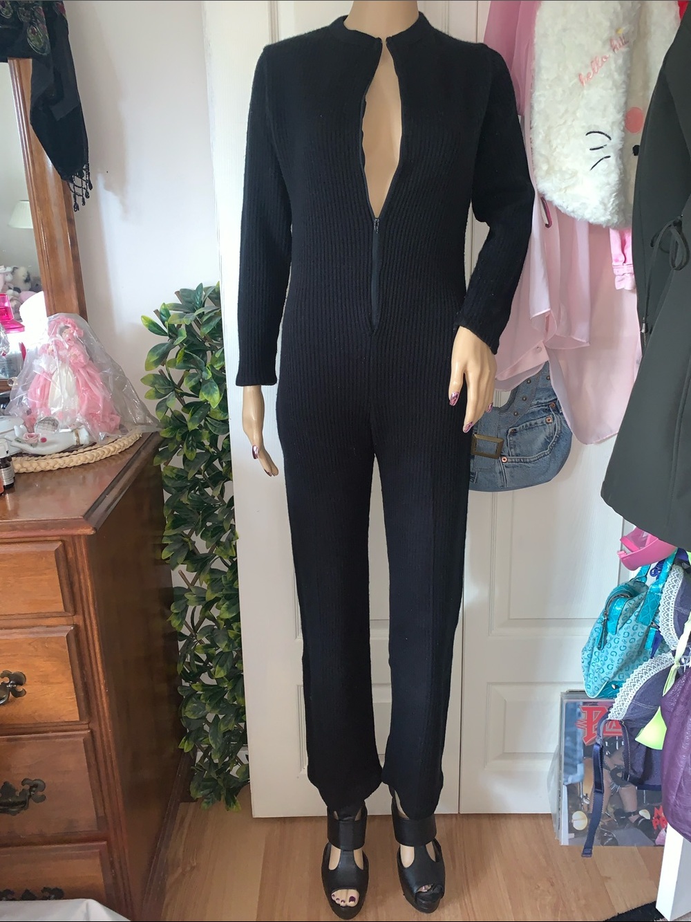 Vintage 60s 70s knitted sweater jumpsuit zipper front pantsuit Carlyle small